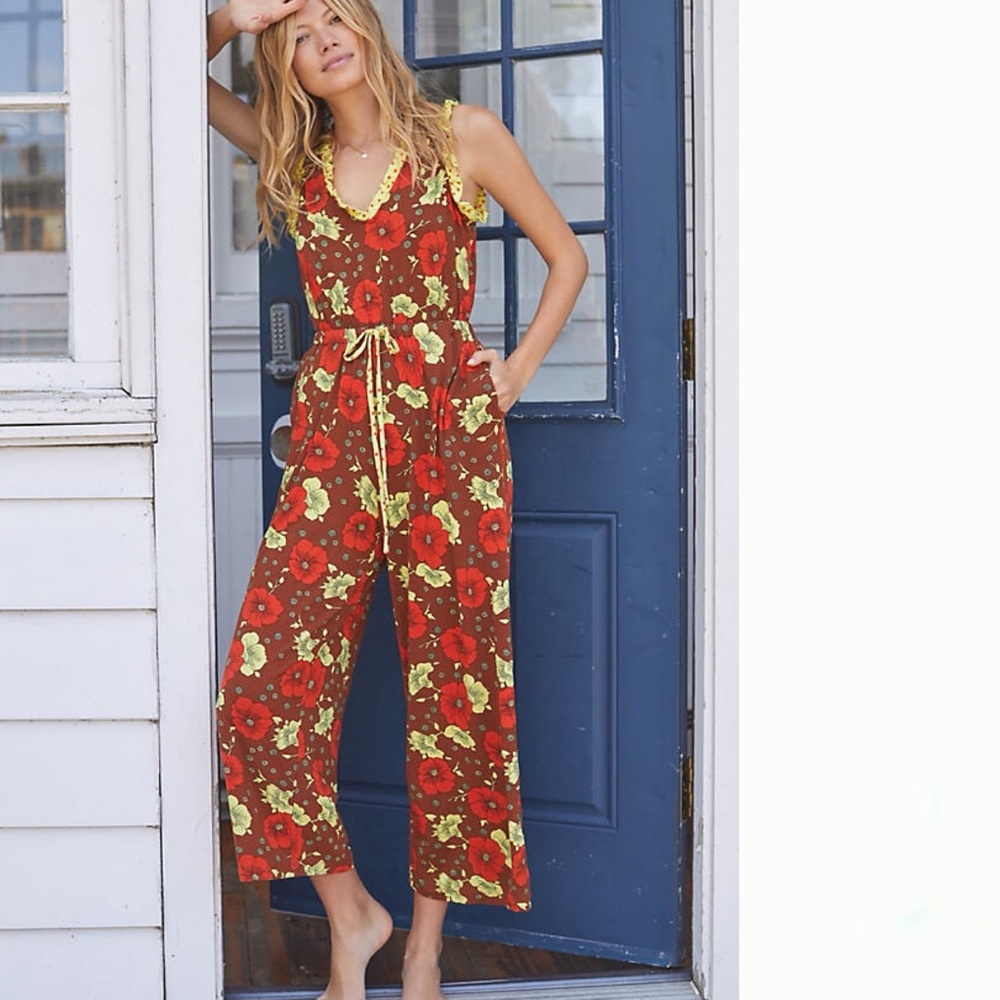 Anthropologie Red Floral Sleeveless Jumpsuit with Yellow Accents